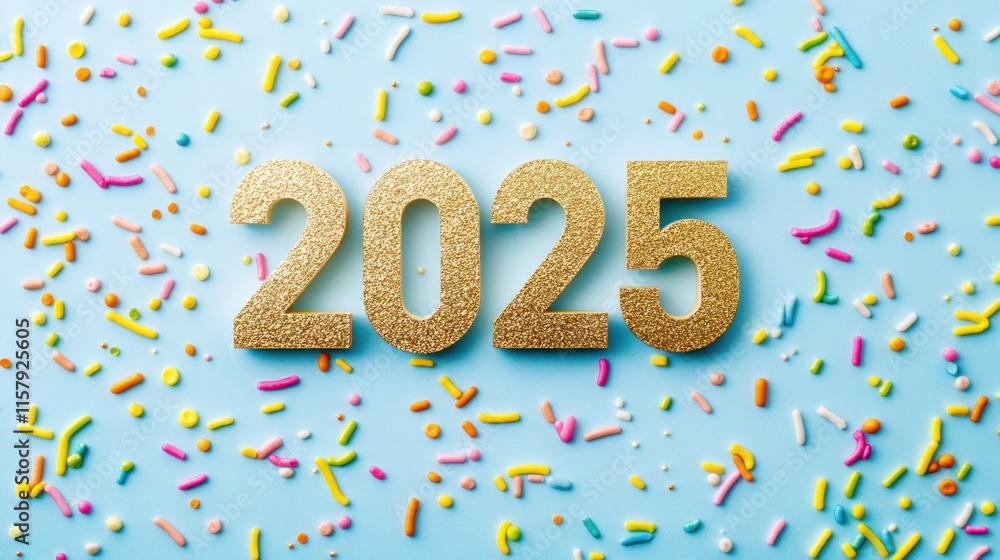 Fototapeta premium Golden 2025 on pastel blue background with sprinkles. (1)