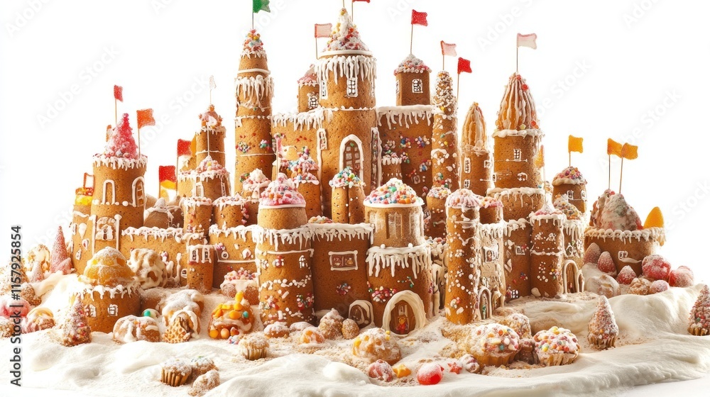 Obraz premium Intricate gingerbread castle city on snowy base with candy decorations.