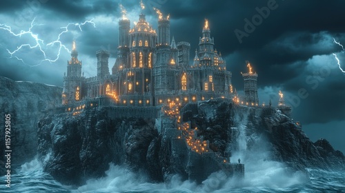Stormy night, coastal castle ablaze, dramatic ocean waves.