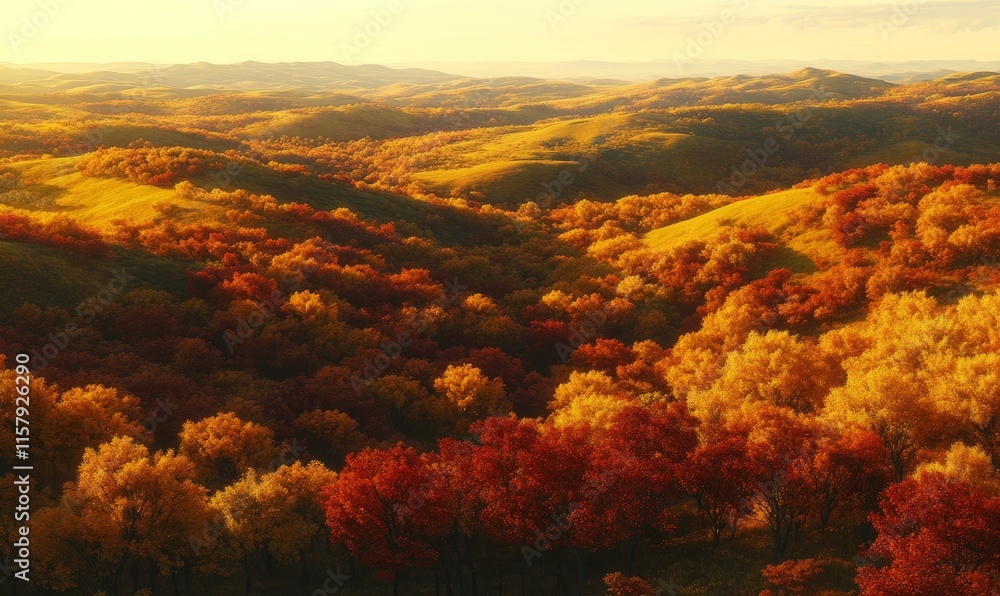 Rolling hills covered in golden autumn leaves, creating a mosaic of warm colors under a clear sky. Rolling hills covered in golden autumn leaves, creating a mosaic of warm colors under a clear sky.