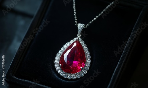 Ruby pendant in a teardrop shape with surrounding diamonds, displayed in a sleek black velvet case, photo