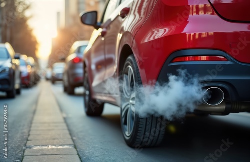 Red car emits white smoke from exhaust pipe in city street. Traffic jam in urban area. Harmful emissions pollute air. Eco concerns regarding climate. Closeup on exhaust fumes. Vehicle emissions