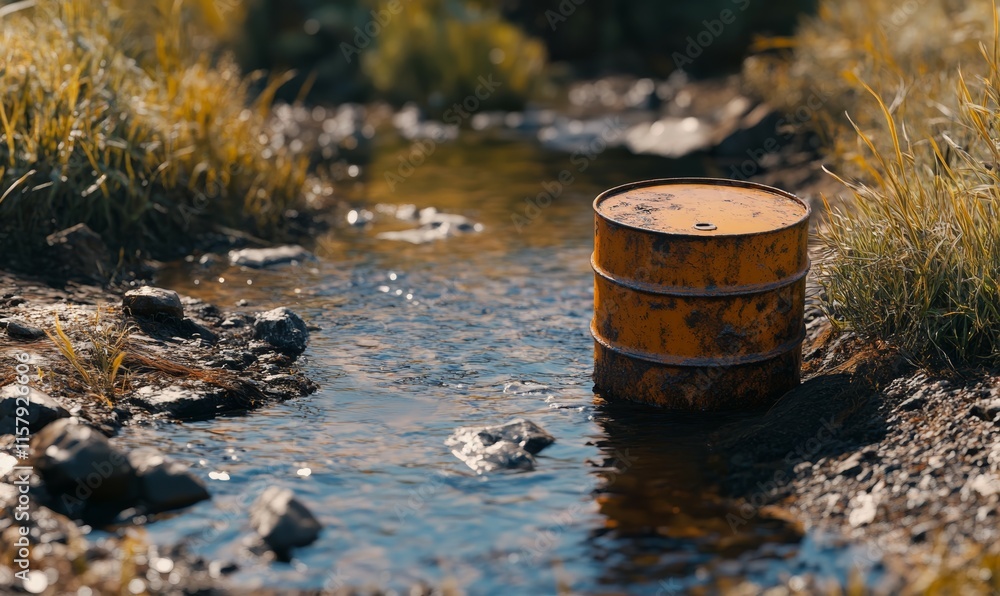 Rusty oil drum leaking into a pristine stream, vivid detail of pollution's impact. Rusty oil drum leaking into a pristine stream, vivid detail of pollution's impact.