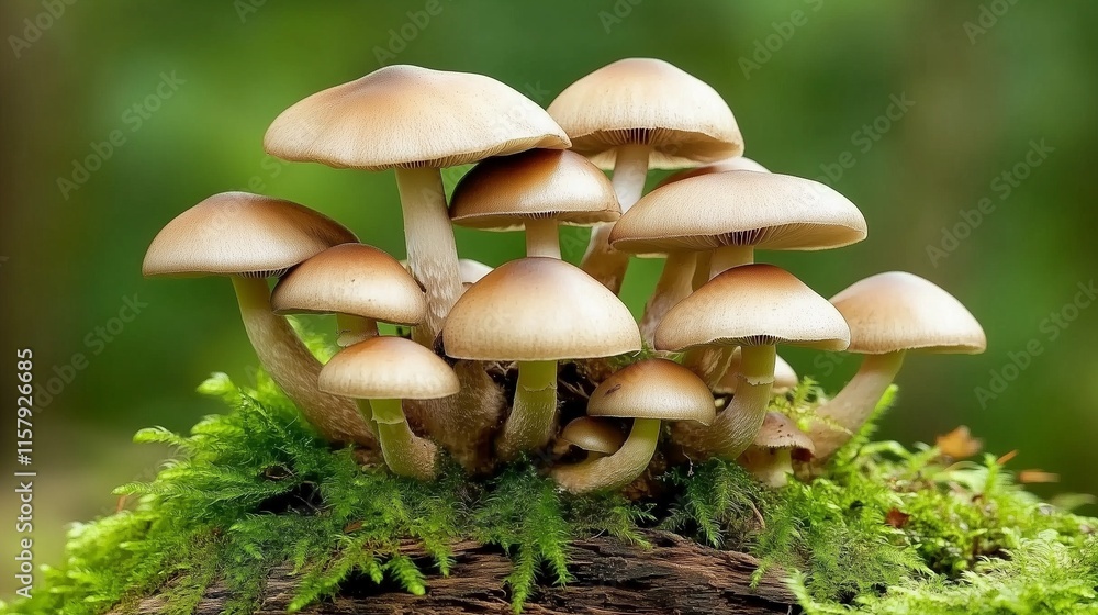 Fototapeta premium Cluster of Mushrooms Thriving on a Mossy Log