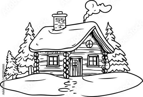 Black and white illustration of a cozy cabin in a snowy forest.