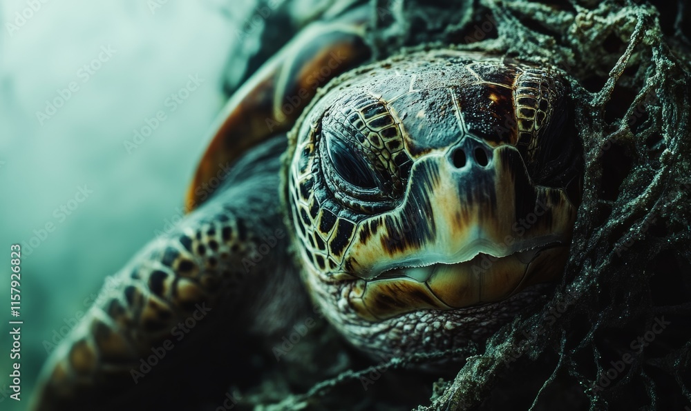 Obraz premium Sea turtle entangled in a plastic net, close-up of its distressed gaze.