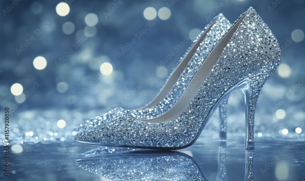 Obraz premium Sparkling silver stilettos with rhinestones, perfect for evening wear, placed on a reflective surface with soft spotlight,