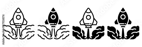 Rocket icon set. Rocket icon launching with thick smoke symbolizes power, ambition and drive to explore and reach new goals. Launched rocket icon.