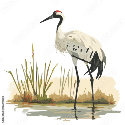 A watercolor vector painting of crane standing gracefully in a wetland, isolated on a white background. Crane vector.

