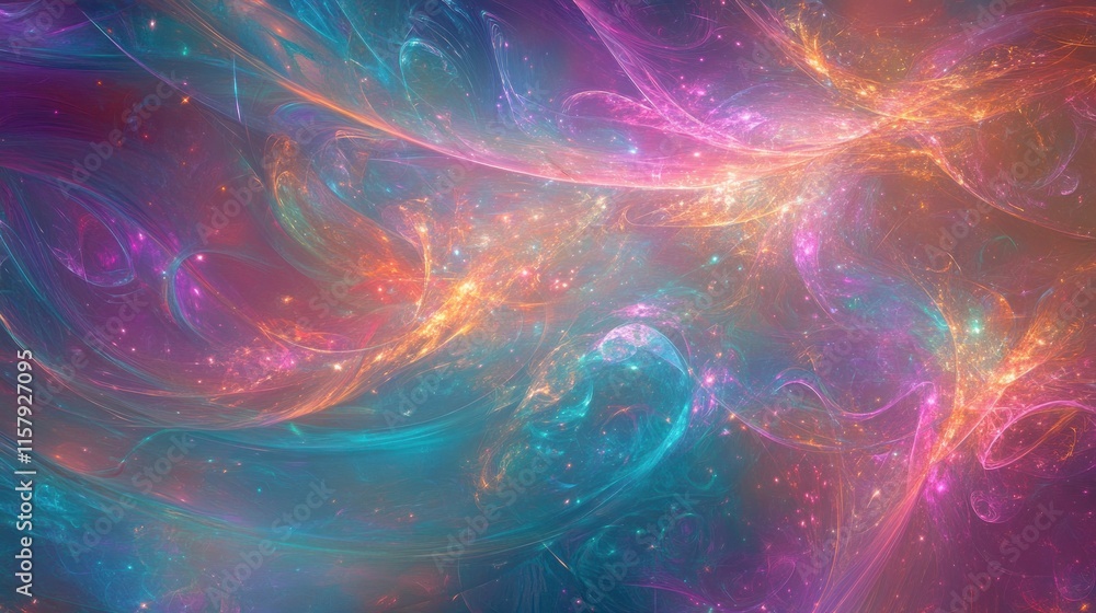 Fototapeta premium Abstract swirling nebula with vibrant colors and glowing particles.
