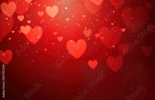 Romantic abstract background with red hearts. Defocused heart shapes create festive, loving atmosphere. Suitable for Valentine Day cards Christmas designs. Gradient effect adds elegance, visual