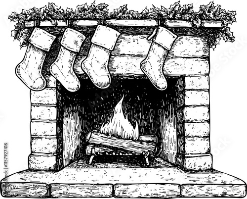 Hand-drawn illustration of a fireplace with stockings and festive decor.