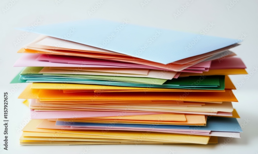 Stack of colorful invitation cards, event planning concept Stack of colorful invitation cards, event planning concept