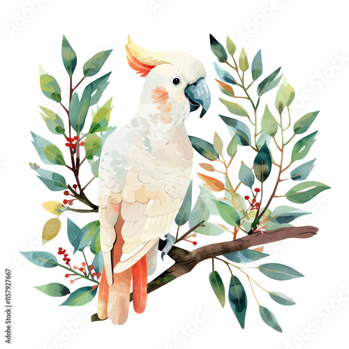 A watercolor vector painting of cockatoo playing with branches, isolated on a white background. Cockatoo vector.

