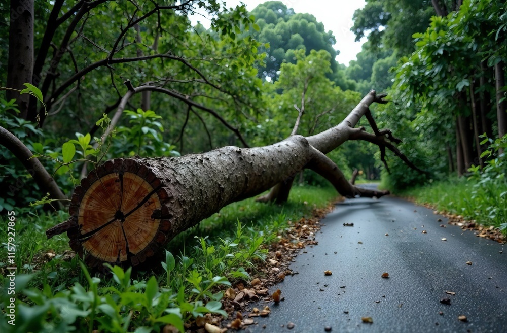 Fallen tree on rainy forest path capturing nature's tranquility