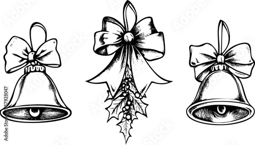 Black and white Christmas bells illustration with ribbons and holly.