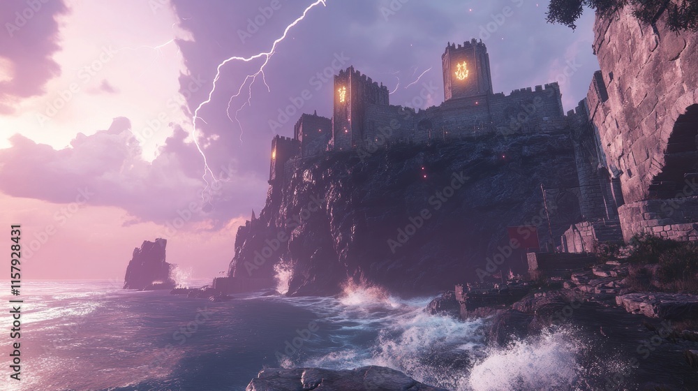 Fototapeta premium Stormy sunset over clifftop castle.