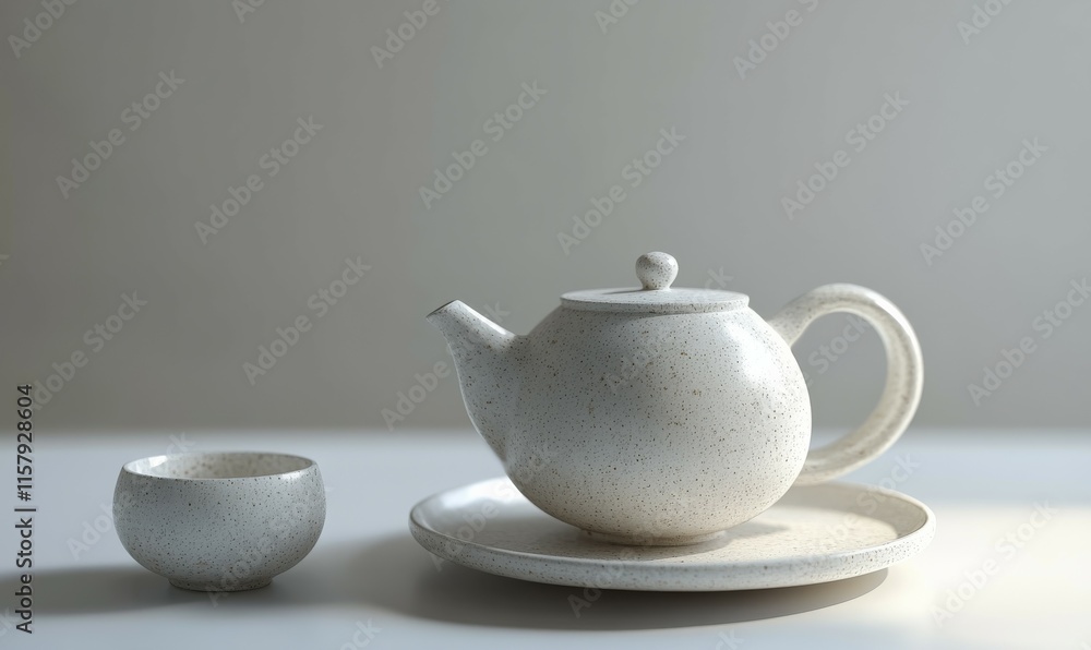 Still shot of a ceramic tea set, minimalistic yet rich in textural contrast. Still shot of a ceramic tea set, minimalistic yet rich in textural contrast.