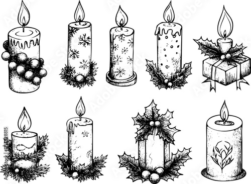 Vector illustration of decorative Christmas candles with holly and berries.