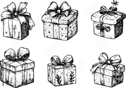 Hand-drawn vintage gift boxes with ribbons and bows illustration.