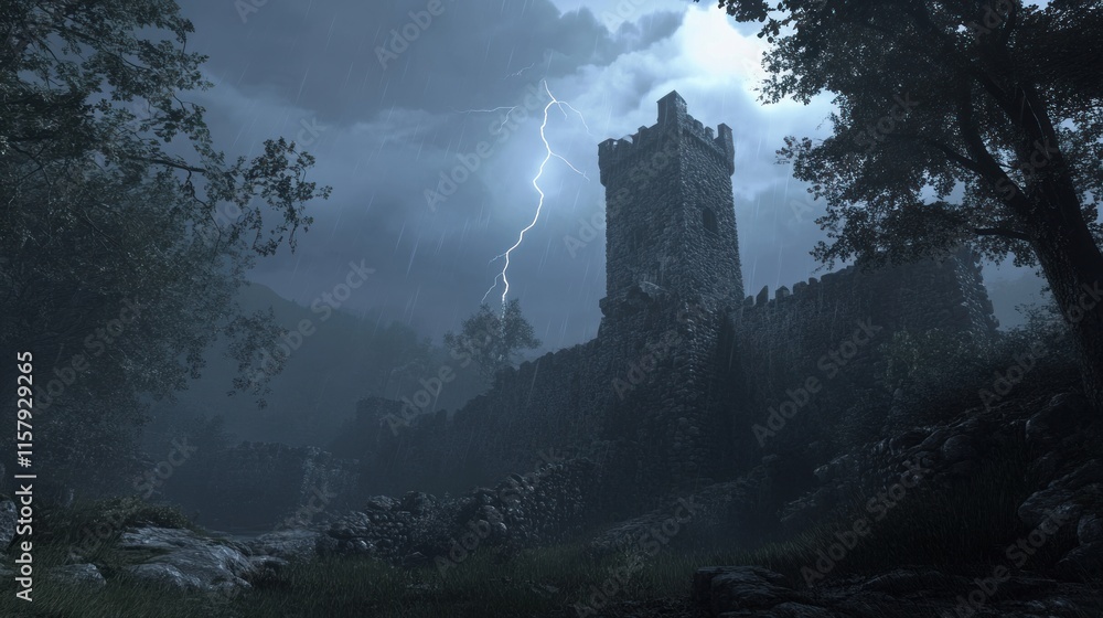 Obraz premium Stormy night, ancient stone castle tower, dark forest.