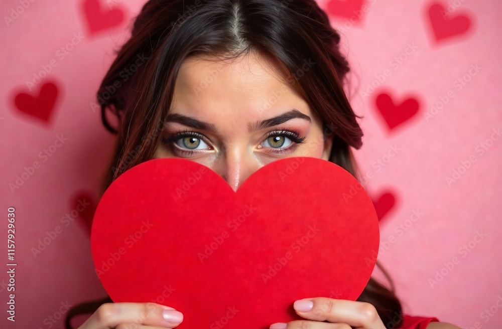 Romantic valentine's day concept with woman holding heart-shaped card against pink background for love celebration Romantic valentine's day concept with woman holding heart-shaped card against pink background for love celebration