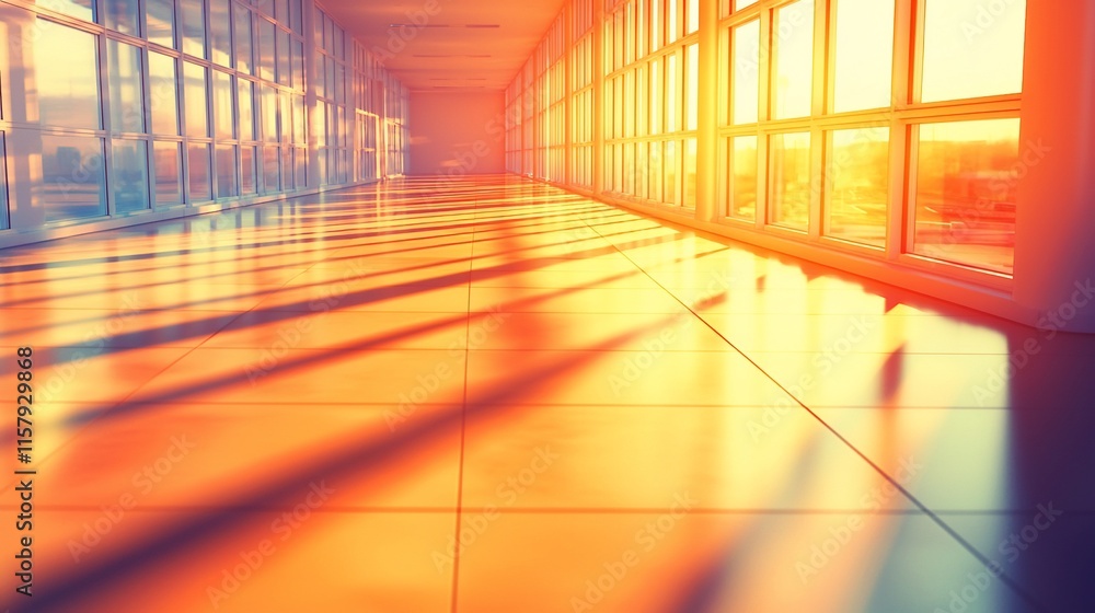 Sunlit modern hallway with large windows. Sunlit modern hallway with large windows.
