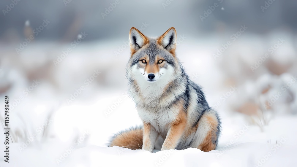 A Majestic Coyote Sits Gracefully in the Snow, Its Piercing Gaze Surveying the Serene Winter Landscape Around It A Majestic Coyote Sits Gracefully in the Snow, Its Piercing Gaze Surveying the Serene Winter Landscape Around It