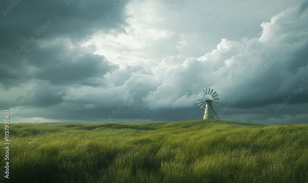 Obraz premium Solitary windmill on a grassy plain, dramatic storm clouds brewing in the distance.