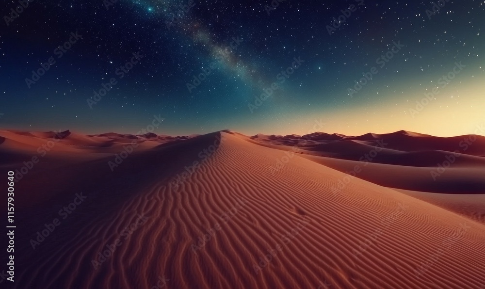 Sunrise Landscape, with Desert Sand Dunes. Scenic Modern Background with Warm Gradient Starry Sky
