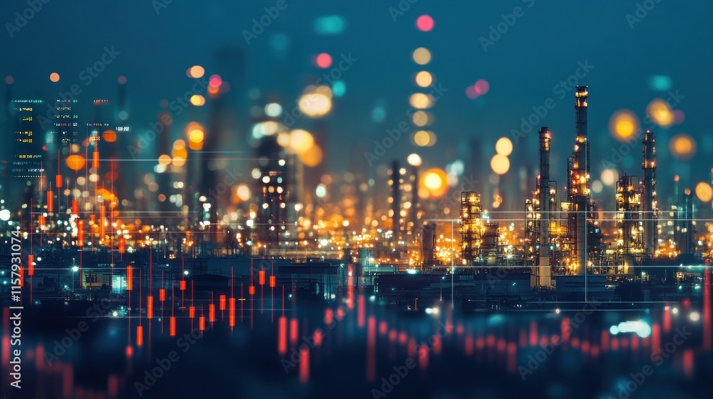 Obraz premium Night cityscape with refinery and financial data overlay.