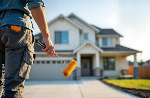 Construction worker holding paint roller in front of house. Exterior painting job underway. Pro worker in uniform. Home renovation in progress. Exterior remodel. Home improvement project. Residential photo