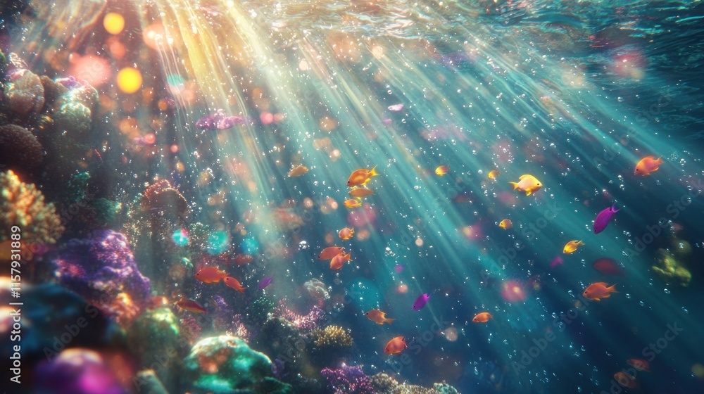 Fototapeta premium Underwater scene with sun rays, colorful fish, and coral reef.