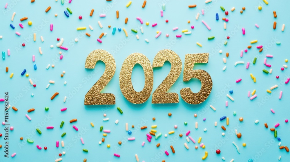 Gold 2025 on blue background with sprinkles. Gold 2025 on blue background with sprinkles.