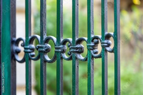 A close-up of a decorative iron gate with circular patterns.