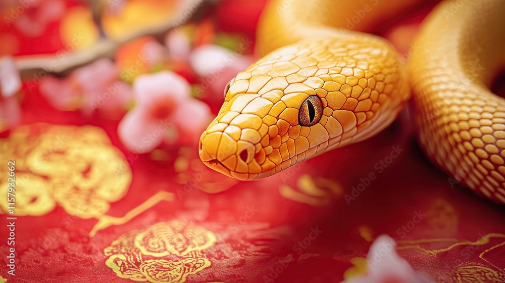 Generative AI of Detailed Golden Snake Head with Traditional Patterns for Lunar New Year Designs, Chinese Cultural Symbols, and Holiday Marketing Materials