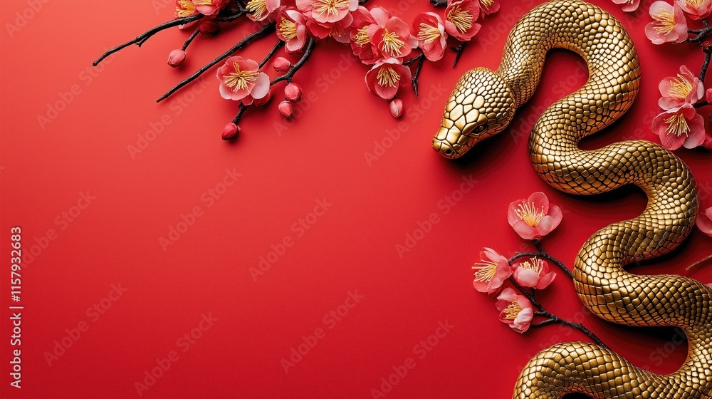 Generative AI of Coiled Golden Snake with Plum Blossoms for Asian Festival Celebrations, Traditional Holiday Aesthetics, and Cultural Event Promotions