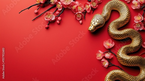 Obraz na płótnie Generative AI of Coiled Golden Snake with Plum Blossoms for Asian Festival Celebrations, Traditional Holiday Aesthetics, and Cultural Event Promotions w salonie