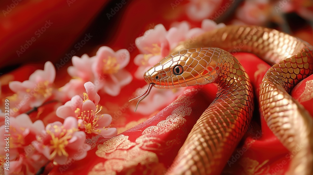 Generative AI of Snake with Cherry Blossoms Close-up for Traditional Holiday Photography, Chinese Festival Design, and Cultural Event Materials