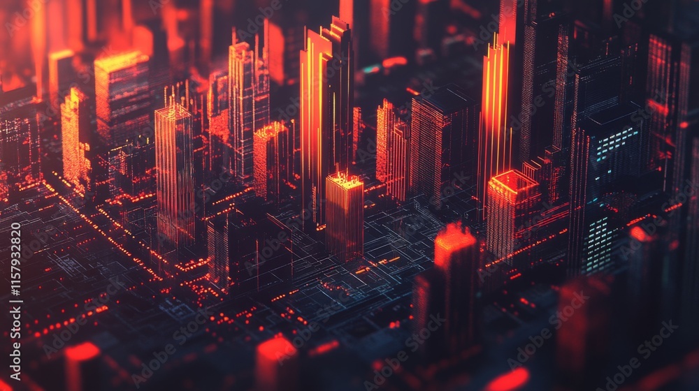 Fototapeta premium Abstract FinTech Cityscape with Warm Light Elements