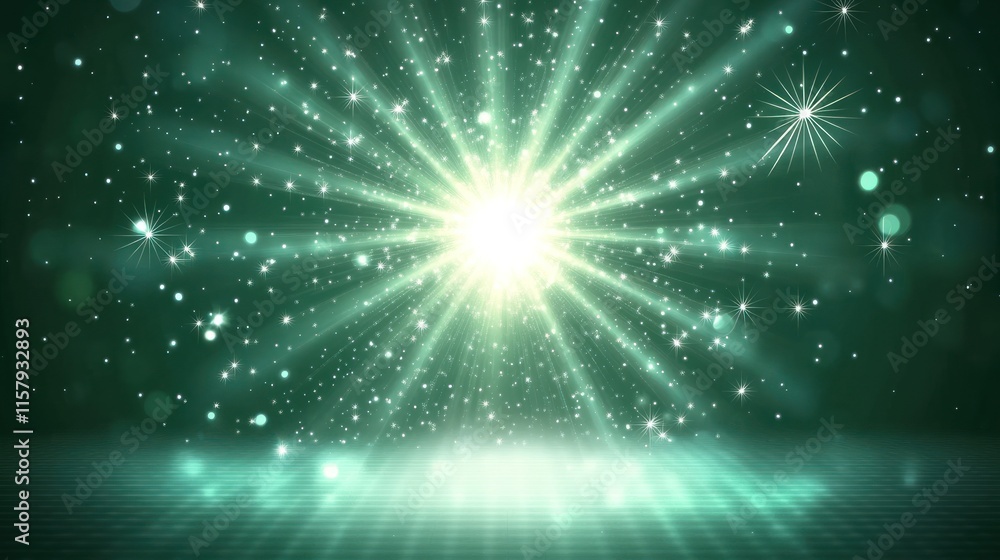 Bright green light burst with sparkles on dark background. Bright green light burst with sparkles on dark background.