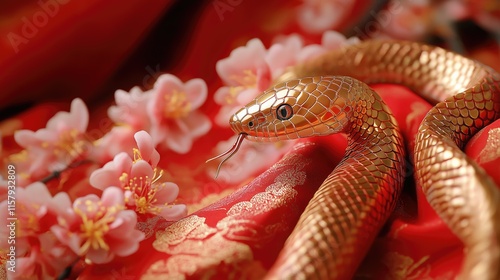 Obraz na płótnie Generative AI of Snake with Cherry Blossoms Close-up for Traditional Holiday Photography, Chinese Festival Design, and Cultural Event Materials w salonie