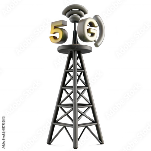 A 3D render of a communication tower with a large 5G symbol, showcasing modern technology and connectivity advancements. photo