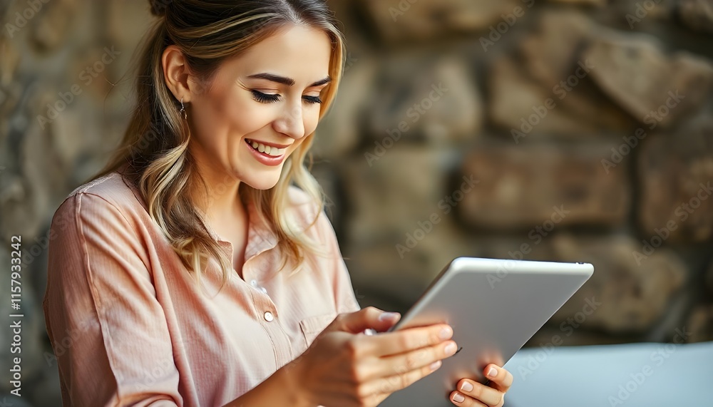 Fototapeta premium A woman focused on an iPad, looking at data with concentration, while smiling in a moment of satisfaction or accomplishment