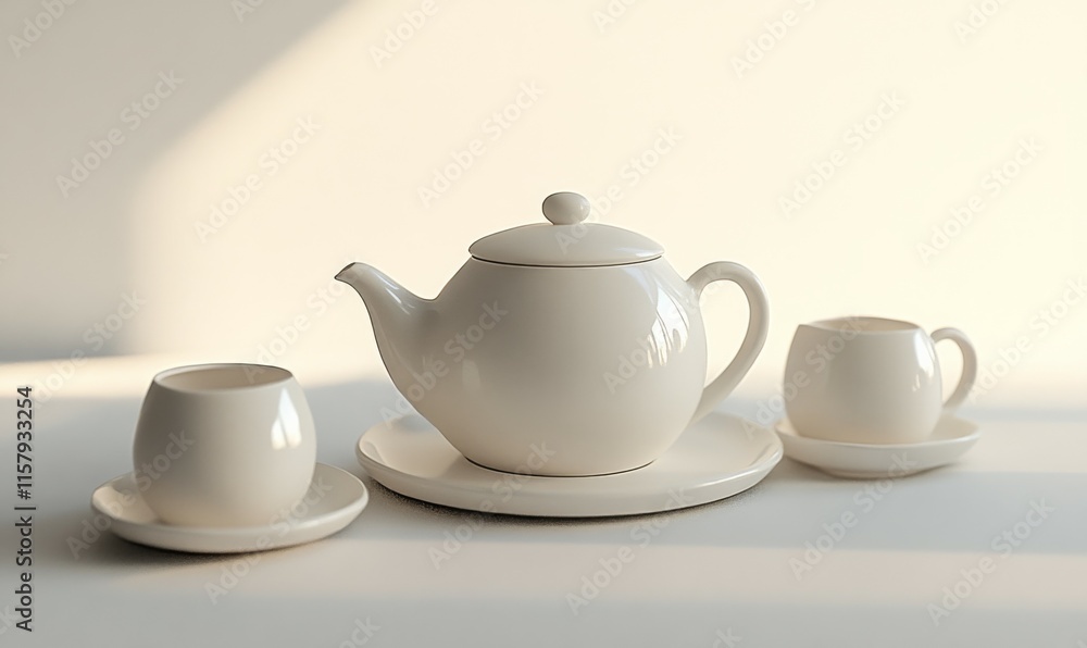 Still shot of a ceramic tea set, minimalistic yet rich in textural contrast. Still shot of a ceramic tea set, minimalistic yet rich in textural contrast.