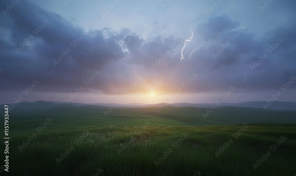 Fototapeta premium Stormy horizon over a prairie, dramatic lightning bolts illuminating the rolling plains.