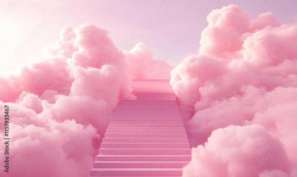Stunning 3D rendering of stairs leading to the clouds on a pink background Stunning 3D rendering of stairs leading to the clouds on a pink background