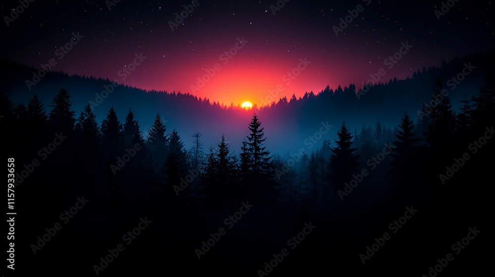 Naklejka premium Vivid sunset over silhouetted forest, misty mountains.