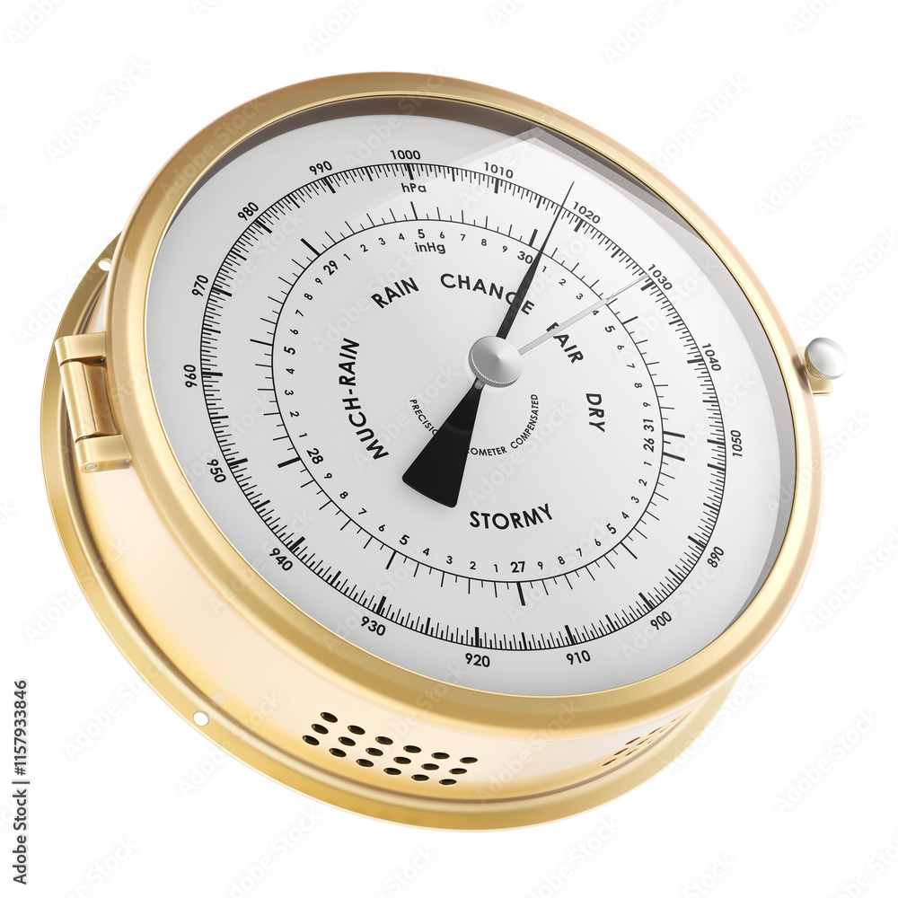 Golden Barometer, analog barometer. 3D rendering isolated on transparent background Golden Barometer, analog barometer. 3D rendering isolated on transparent background