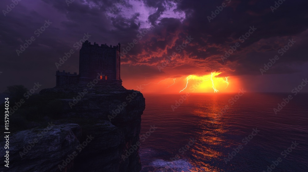 Fototapeta premium Stormy sunset over a clifftop castle.